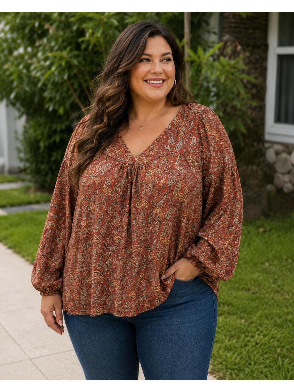 425 e Luna 2X Paisley Boho 31" PTP V-neck Long Sleeve Blouse R0000425